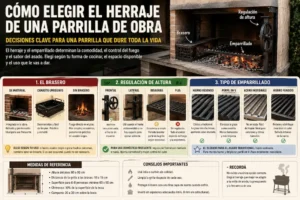 Aprendé qué funciones cumplen el brasero, la regulación de altura y el emparrillado para elegir el herraje más adecuado según el uso de la parrilla. Aprendé qué funciones cumplen el brasero, la regulación de altura y el emparrillado para elegir el herraje más adecuado según el uso de la parrilla.