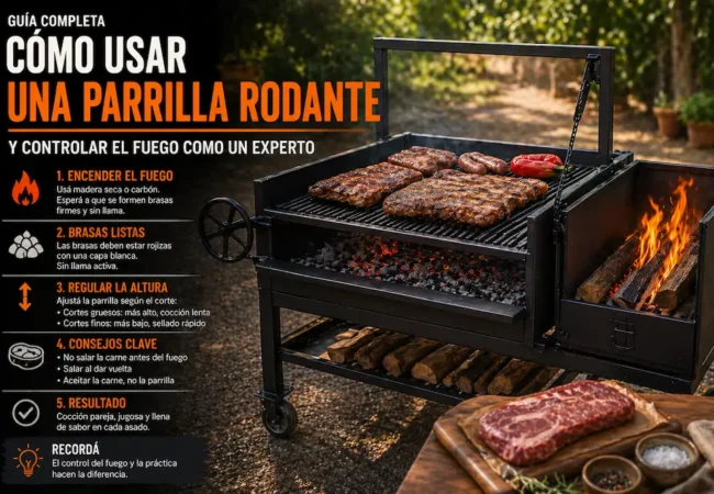 Aprendé a usar una parrilla rodante: encendido, brasas, altura y errores comunes. Mejorá tu asado paso a paso. Ver guía completa.