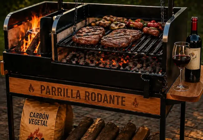 Parrilla rodante a carbón con fogonero