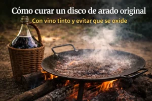 Aprendé cómo curar un disco de arado original con vino tinto, mejorar la antiadherencia y evitar el óxido con el método tradicional argentino.